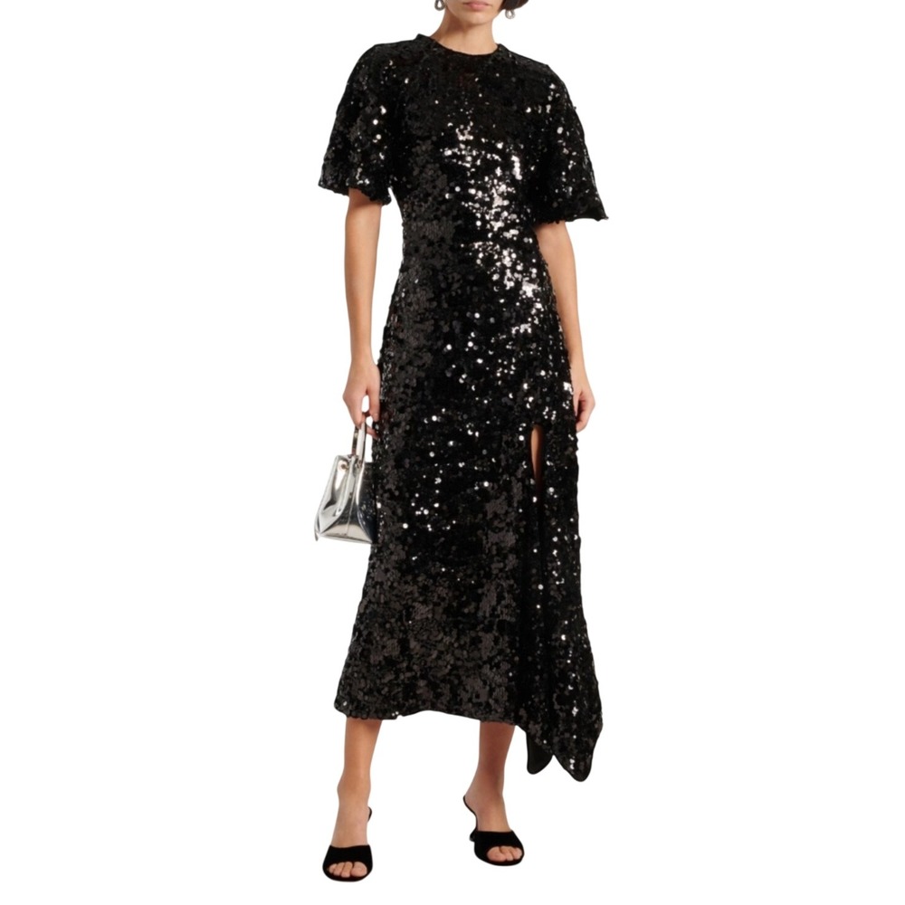 NWT GANNI Sequin Velvet Midi Dress Asymmetrical Slit in Black. Size 2